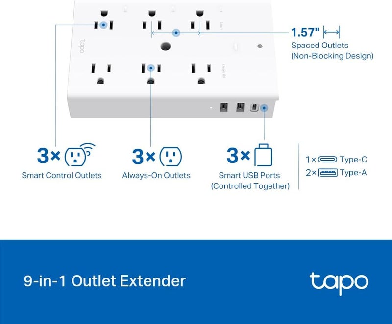 tapo TP-Link Smart Plug Outlet Extender, Surge Protector, 18W Fast Charging, 3 Individual Smart Outlets, 1x USB-C & 2X USB-A, Smart Night Light, Works w/Apple HomeKit, Alexa & Google Home, P306 - Image 1